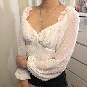 White Long Mesh Sleeve Crop Top